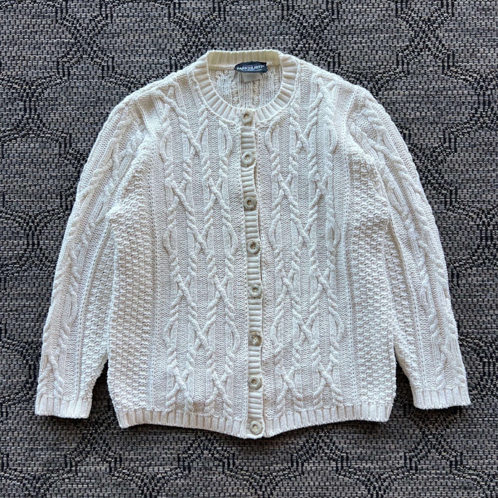 Vintage Parkhurst Sweater Womens Large Cream Cable Knit Cardigan Cotton Blend
